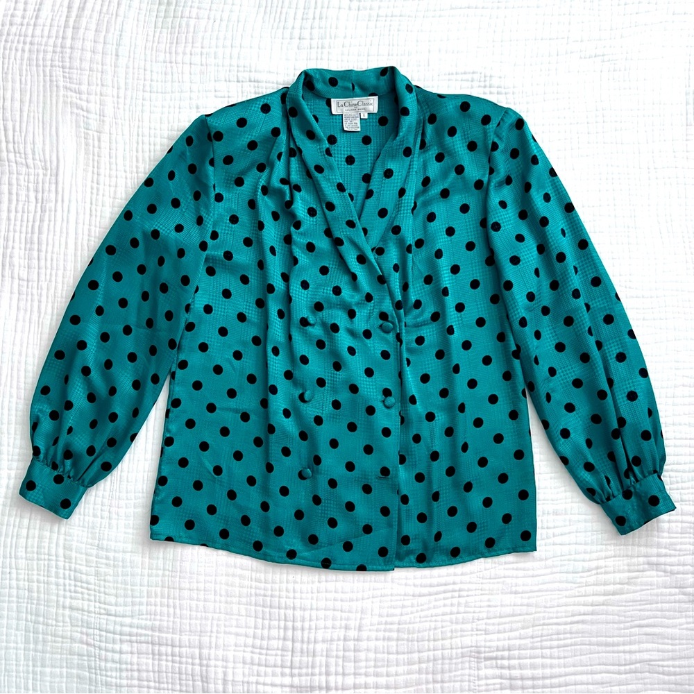 La Chine Classic by Galinda Wang vintage teal blue polka dot button down